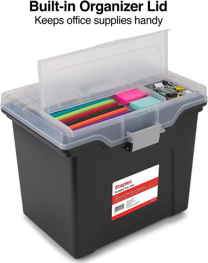 STAPLES File Folder Tote, Portable Filing Box, Letter Size Hanging Folders, Security Latch & Built-In Lid Organizer, Black/Clear
