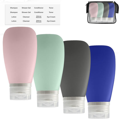 Travel Bottles for Toiletries, TSA Approved 3oz Leak Proof Silicone Refillable Squeeze Travel Size Containers BPA Free for Cleansers, Lotions, Shampoo 4pk-With Bag (P,G,Blk,BL)