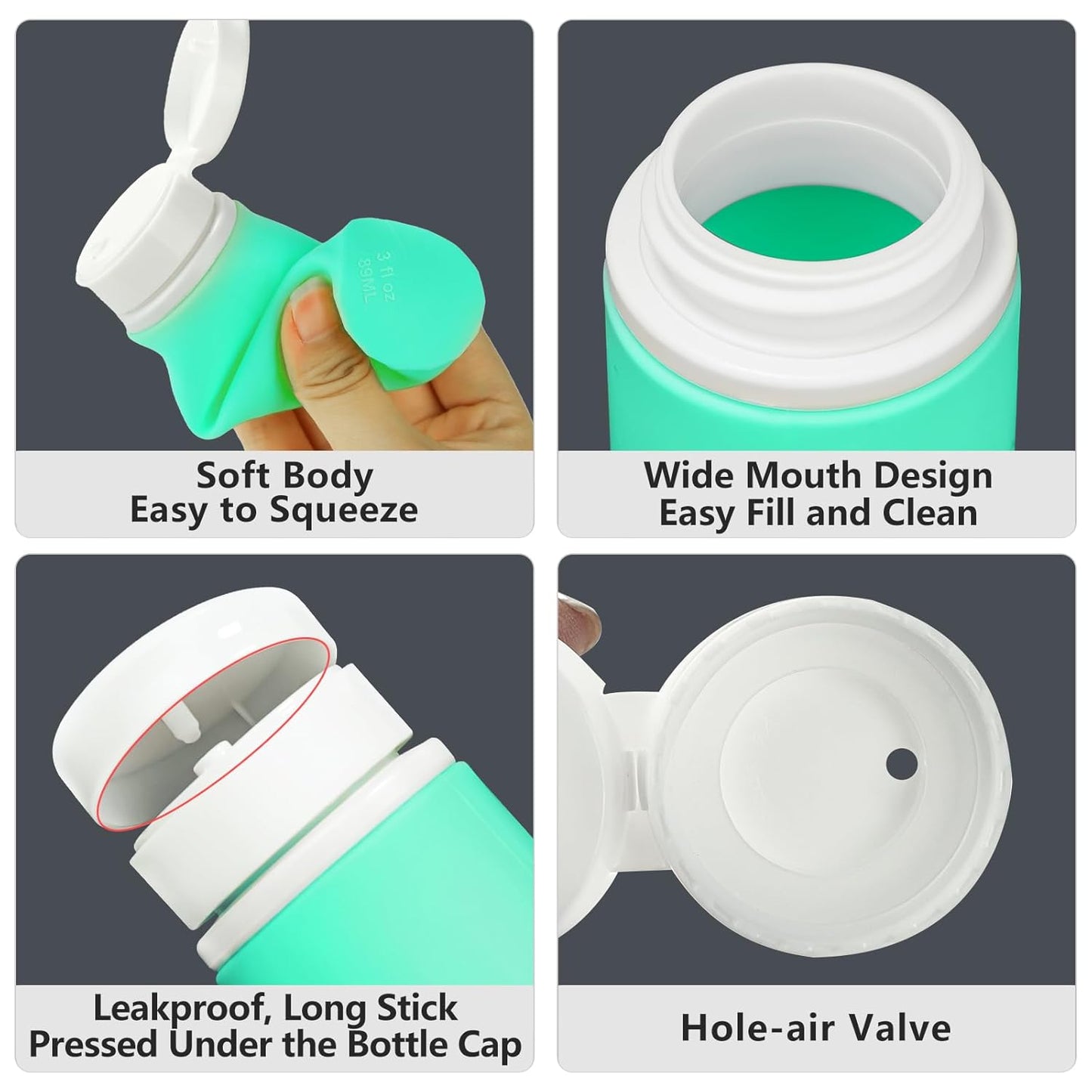 Travel Bottles - 4 Pack TSA Approved Leakproof Silicone Portable Refillable Containers for Shampoo, Conditioner, Body Lotion, Soap (3oz/89ml)