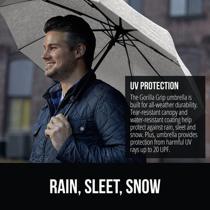 GORILLA GRIP Strong Stick Umbrella for Rain, Compact Travel One-Click Automatic Open Close, Lightweight, Portable, US Designed Reinforced Fiberglass Ribs, Wind Resistant, Easy Collapse, Gray