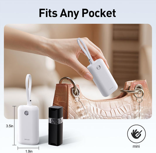iWALK Mini Portable Charger 10,000mAh, 22.5W USB-C Fast Charging Power Bank with Built-in Cable, Travel Essential Ultra-Small Battery Pack Compatible for iPhone 16/16 Pro/15, Samsung, Google, White