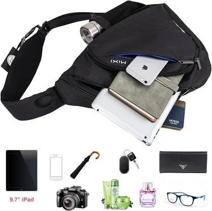 mixi Sling Bag Men Backpack Unisex One Shoulder Bag Hiking Travel Backpack Crossbody with USB Port for Men Women Versatile Casual Daypack-17 inch,Black
