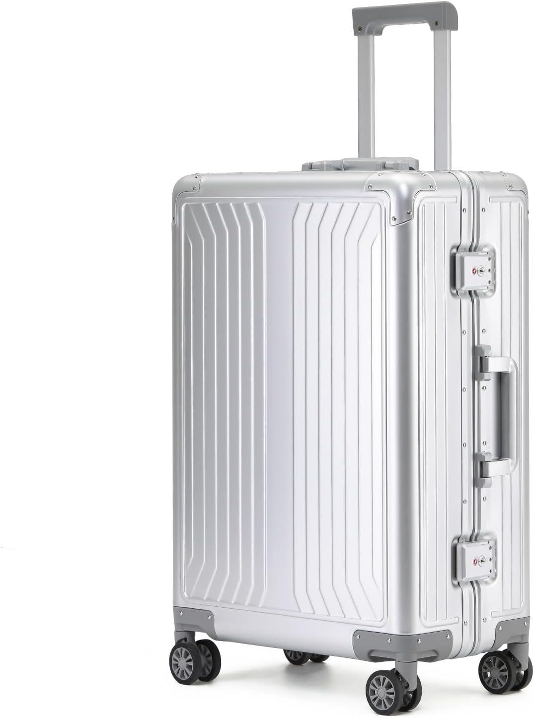 Metal all aluminum carry-on suitcase 20 "hard face, TSA lock and rotating wheel zippered luggage set (silvery, 24 '')