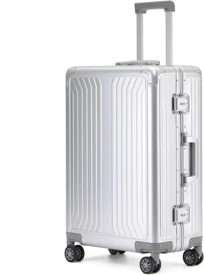 Metal all aluminum carry-on suitcase 20 "hard face, TSA lock and rotating wheel zippered luggage set (silvery, 20 '')