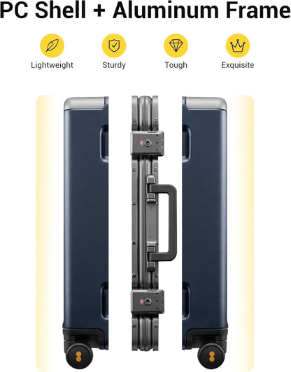LEVEL8 Carry On Luggage Airline Approved Zipperless with Aluminum Frame, Hard Case Luggage with Spinner Wheels, Metal Travel Suitcase with Double Tsa Locks, 20 Inch, Blue