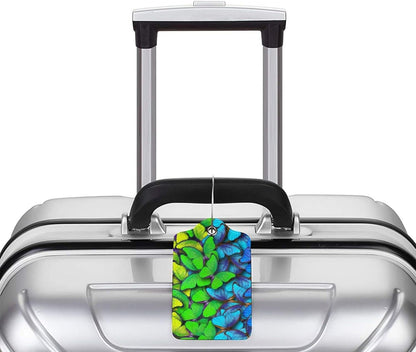 2Pcs Green Blue Butterfly Luggage Tags for Suitcases for Women Girls, Pretty Leather Suitcases Tag with Stainless Steel Loop Privacy Cover ID Label Travel Bag Tags Luggage Identifiers for Kids Adults