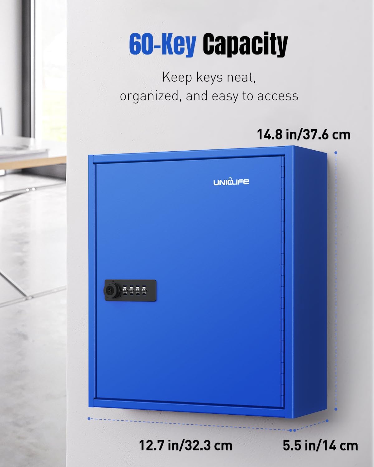 Uniclife 60 Keys Key Lock Box with Code, Wall Mount Key Box, Key Cabinet with Key Racks and Tags, Lock Box for Keys, Key Lockbox, Key Storage Box for Home Office & Company, Blue