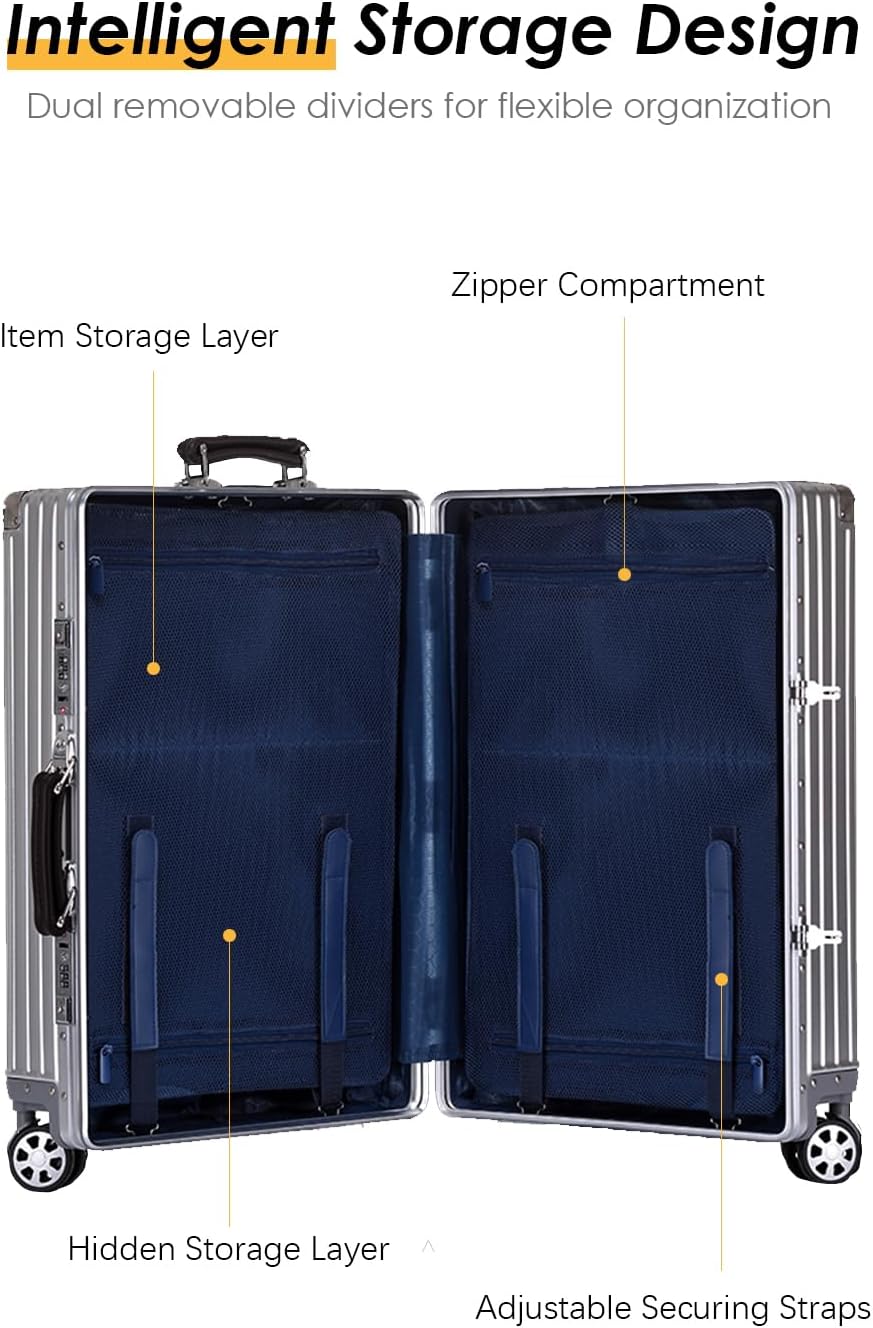 HotWay 28 Inch All Aluminum Checked in Luggage with Leather Handle, Hard Shell Zipperless Suitcase with TSA Locks and Spinner Wheels, Large Luggage for Business Travel, Black