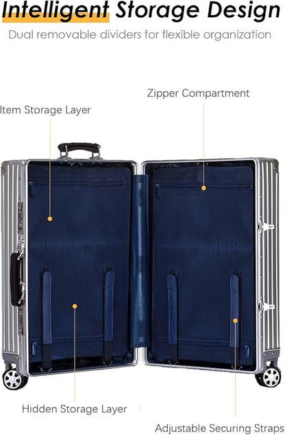 HotWay 28 Inch All Aluminum Checked in Luggage with Leather Handle, Hard Shell Zipperless Suitcase with TSA Locks and Spinner Wheels, Large Luggage for Business Travel, Blue