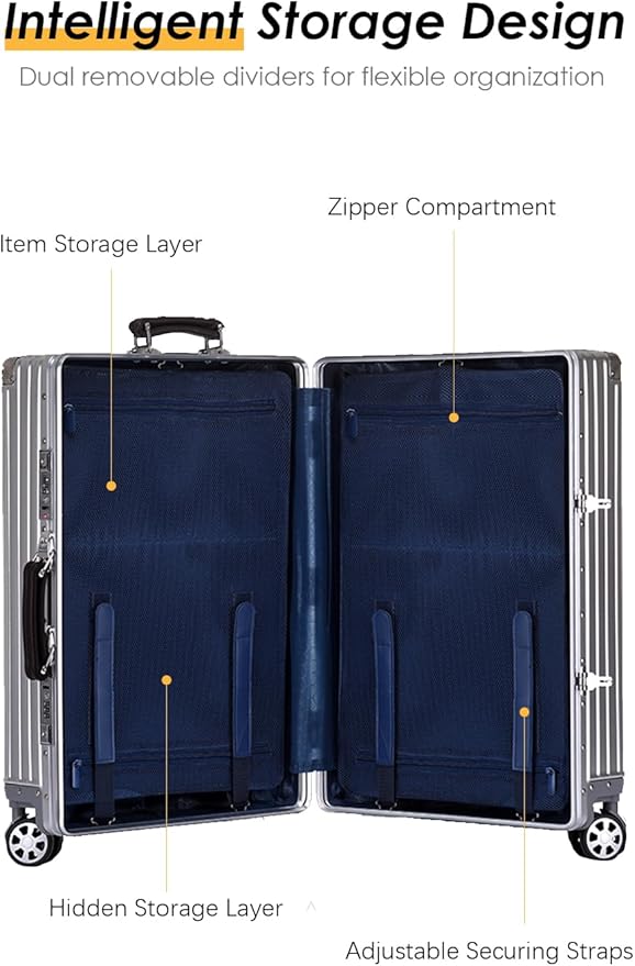 HotWay 20 Inch All Aluminum Carry On Luggage with Leather Handle, Hard Shell Zipperless Suitcase with TSA Locks and Spinner Wheels, Black Travel Luggage (22x14x9 Airline Approved)