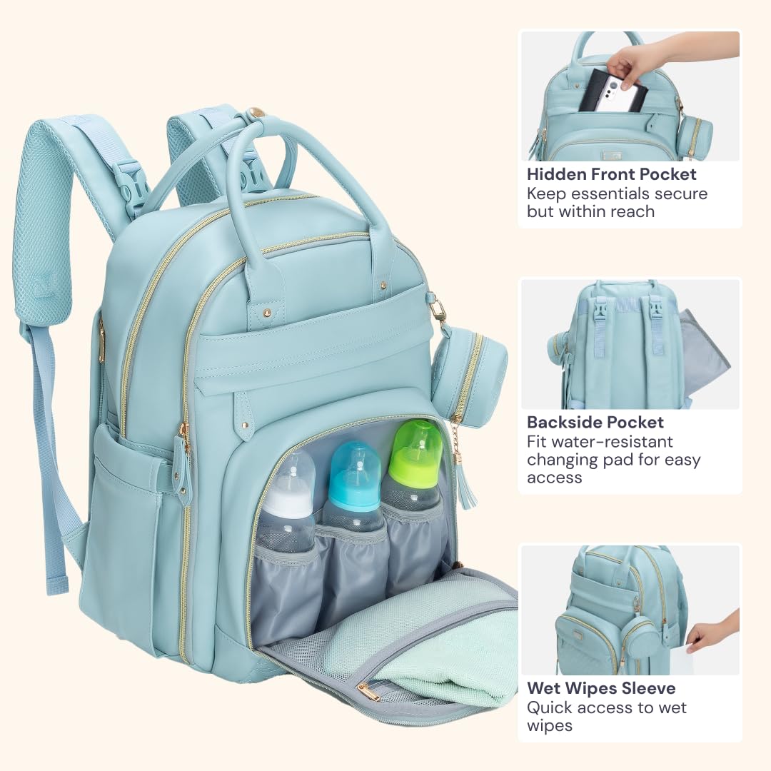 BabbleRoo Leather Diaper Bag Backpack - Baby Essentials Travel Baby Bag, Multi function, Water Resistant, with Changing Pad, Stroller Straps & Pacifier Case – Unisex, Powder Blue