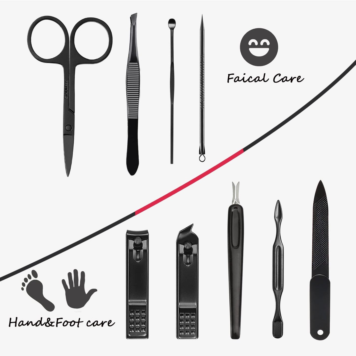 Manicure Set 9 in 1 Stainless Steel, Nail Clippers Scissors Pedicure Tools Kit - Portable Travel Grooming Kit for Men and Women with Black/Red Leather Case (Red)