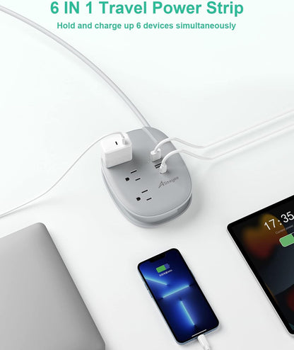Alitayee USB C Portable Travel Power Strip with 3 Outlets 3 USB Ports Fast Charge, USB Extendable Outlet Extender with Flat Plug and 3ft Wrapped Around Extension Cord for Cruise Travel Home Office