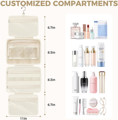Toiletry Bag For women,Portable Hanging Organizer,4 Leakproof Compartment for full-sized Conditioner, Brushes Set, Makeup Accessories,Visible and easy to access.M-beige
