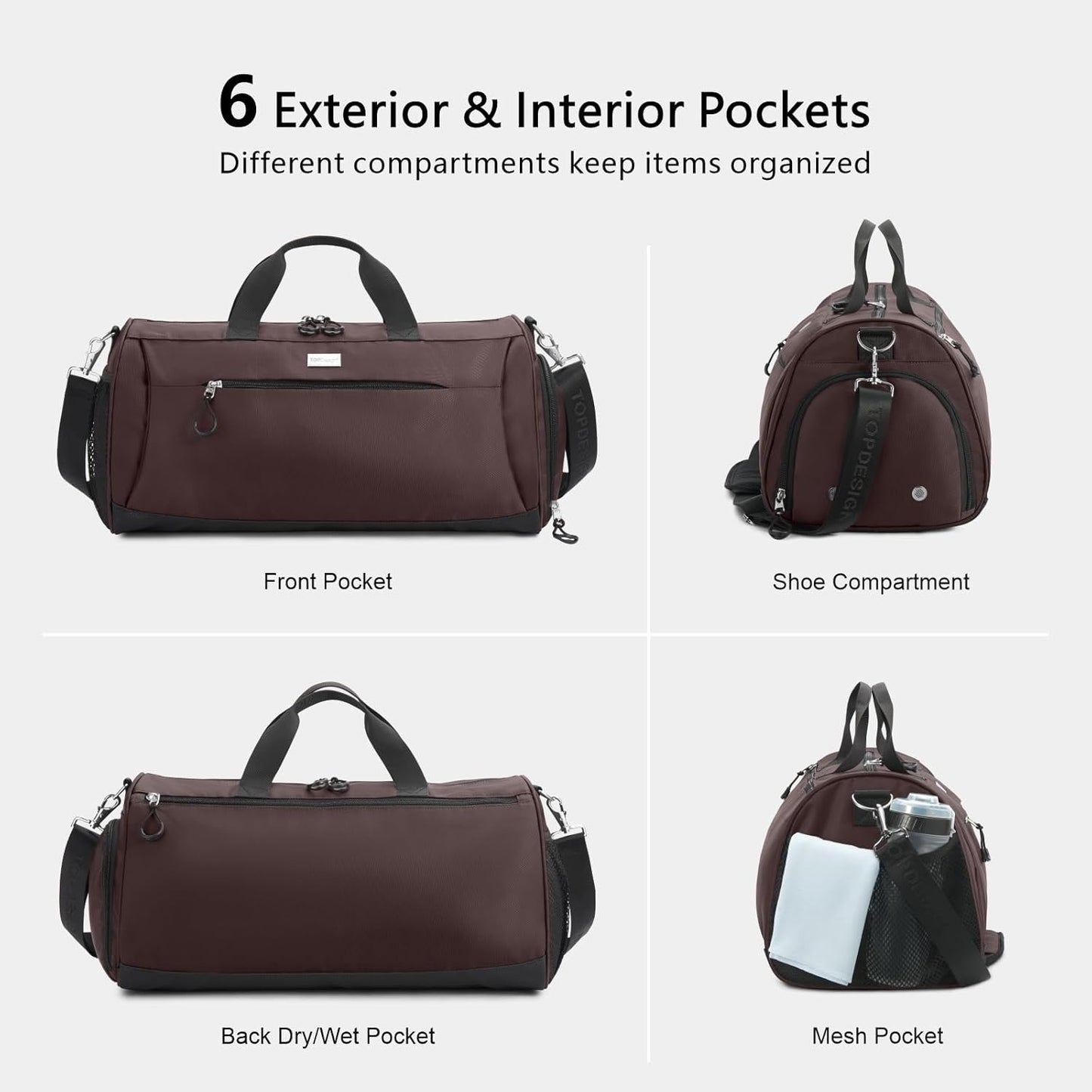 TOPDesign Gym Bag for Women & Men, Unisex Duffel Bag with Shoe Compartment & Wet Pocket for Travel Sports Gym (M Brown)
