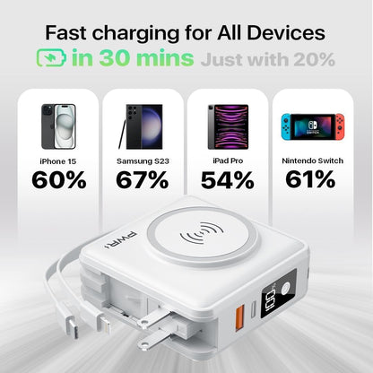 PWR Travel PRO 5-in-1 Power Bank with Case Included – 10,000mAh with Built-in Cables – 20W USB-C + 15W Wireless Charging – Compact Portable Charger for iPhone & Android - White