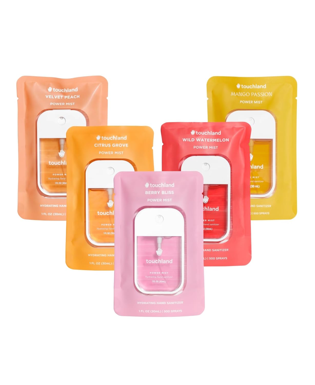 Touchland Power Mist Hydrating Hand Sanitizer Spray, JUICY 5 Set (Citrus, Berry, Watermelon, Peach, Mango), 1 FL. OZ. Travel Size (Set of 5)