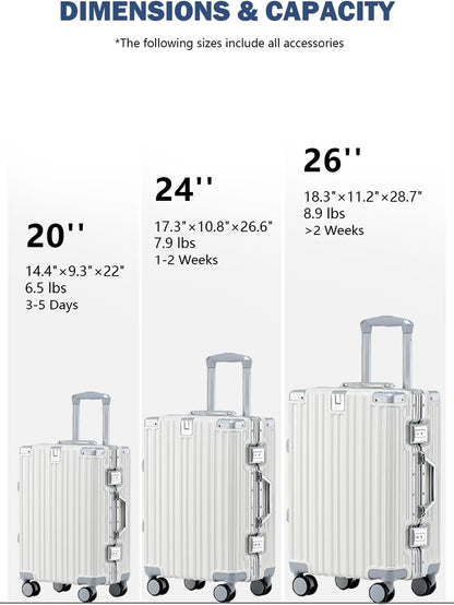 HotWay 24 Inch Aluminum Frame Luggage with Spinner Wheels, PC Hard Shell Suitcase with Cup Holder, Zipperless Luggage for Business Travel, White