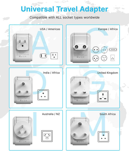 VINTAR Universal Travel Adapter Kit, 0.5ft Detachable Extension Cord with 4 AC Outlets & 3 USB(2 USB C), Type A/C/G/D/I/M International Power Adaptor for US to Europe UK India South Africa Japan