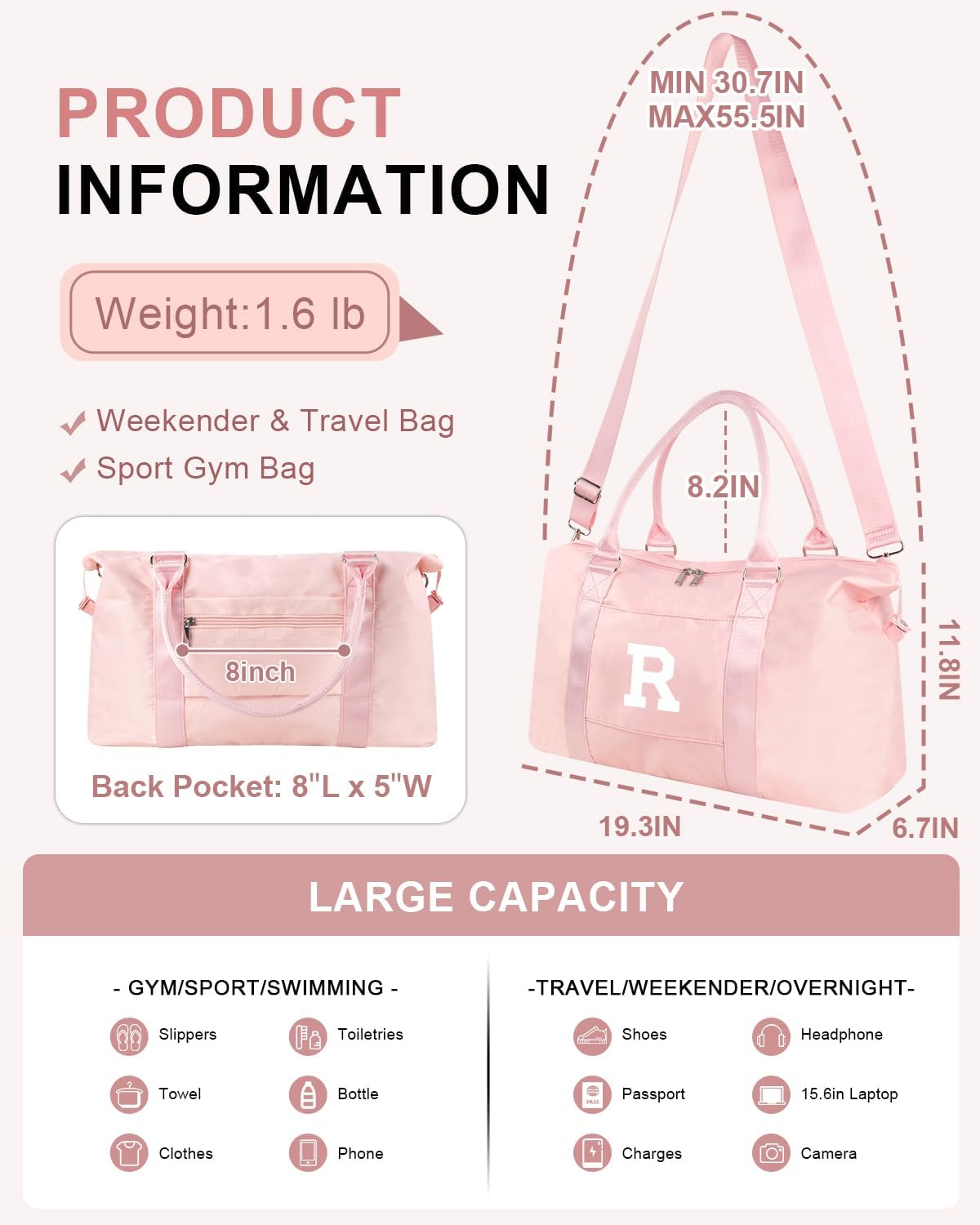Initial Travel Duffel Bag Sports Gym Bag for Girls Teen Birthday Gifts,Pink Personalized Weekender Bag Carry On Tote Bags for Women Men,Waterproof Overnight Luggage Bag with Trolley Sleeve(Letter R)