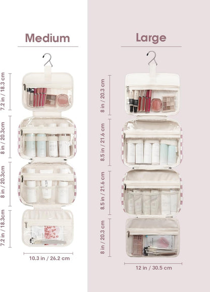 Narwey Travel Toiletry Bag for Women Large Hanging Makeup Bag Organizer Toiletries Bag for Full Size Essentials Accessories Cosmetics (Dusty Pink Checkerboard (Large))