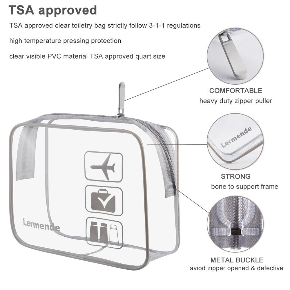 Lermende 2pcs Clear Toiletry Bag TSA Approved Travel Bag,Carry On for Travel,Airport Airline Accessories Compliant Bag,Quart Sized Makeup Cosmetic bag Women Men (Gray, 2 Pack)