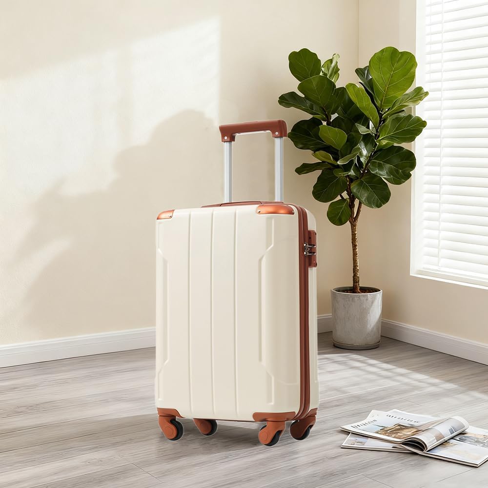 Merax Carry-On Luggage 22x14x9 airline approved, Hardshell ABS Suitcase with Spinner Wheels, TSA Lock, Lightweight Durable 20 Inch Travel Luggage for Men Women(White Brown)