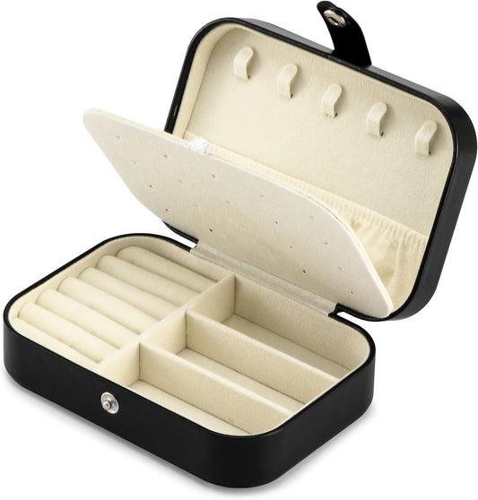 Travel Jewelry Box, PU leather Small Jewelry Organizer For Female Girls, double layer portable mini travel case for storing earrings, rings, necklaces.(Black 2pcs)