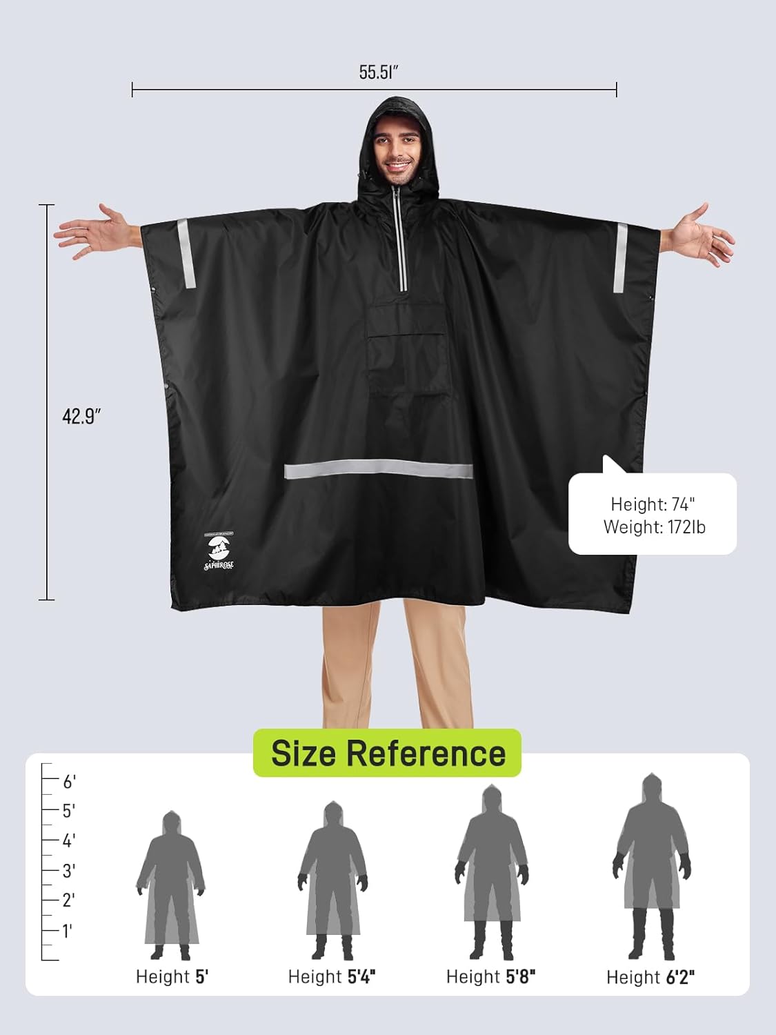 SaphiRose Hooded Rain Poncho Waterproof Raincoat Jacket for Men Women Adults