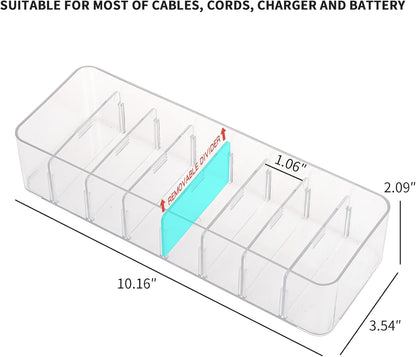 Yesesion Clear Plastic Cable Organizer Box with Adjustment Compartments, Desk Accessories Storage Case with 10 Wire Ties for Drawer, Office Supplies, Electronic Management, Battery and Charger