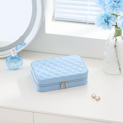 Lolalet Travel Jewelry Case for Women, Travel Jewelry Organizer Box with Mirror & Clear Storage Bag, Small Portable Traveling Earring Necklace Bracelet Ring Case, Bridesmaid Gifts -Medium, Blue