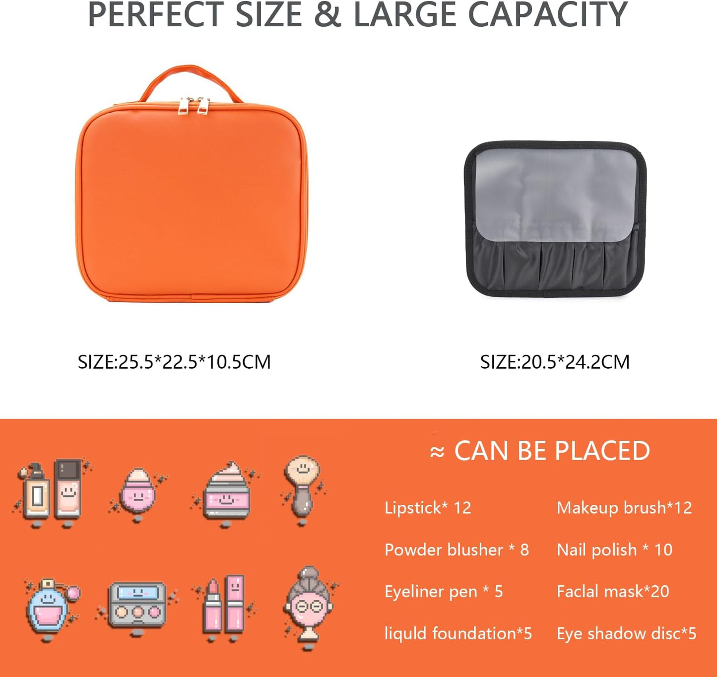 Makeup Bag with Led Mirror,Travel Makeup Organizer with 3 Color Setting, Portable Storage and Adjustable Dividers Travel Makeup Bag(Orange)