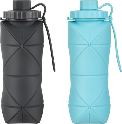 YCT Collapsible Silicone Travel Water Bottle 20oz (600ml), Reuseable Leakproof BPA Free Foldable Sports Bottle, with Carrying Strap, Dark Gray + Blue