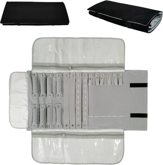 Velvet Travel Jewelry Case Roll Bag Organizer for Necklace Bracelet Earrings Ring (Black) (grey and black)