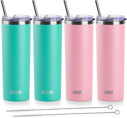 koodee 20 oz Stainless Steel Skinny Tumbler(4 Pack) Double Wall Insulated Water Tumbler Cup with Lids, Straws and Straw Brushe（Teal/2 Pack, Pink/2 Pack）