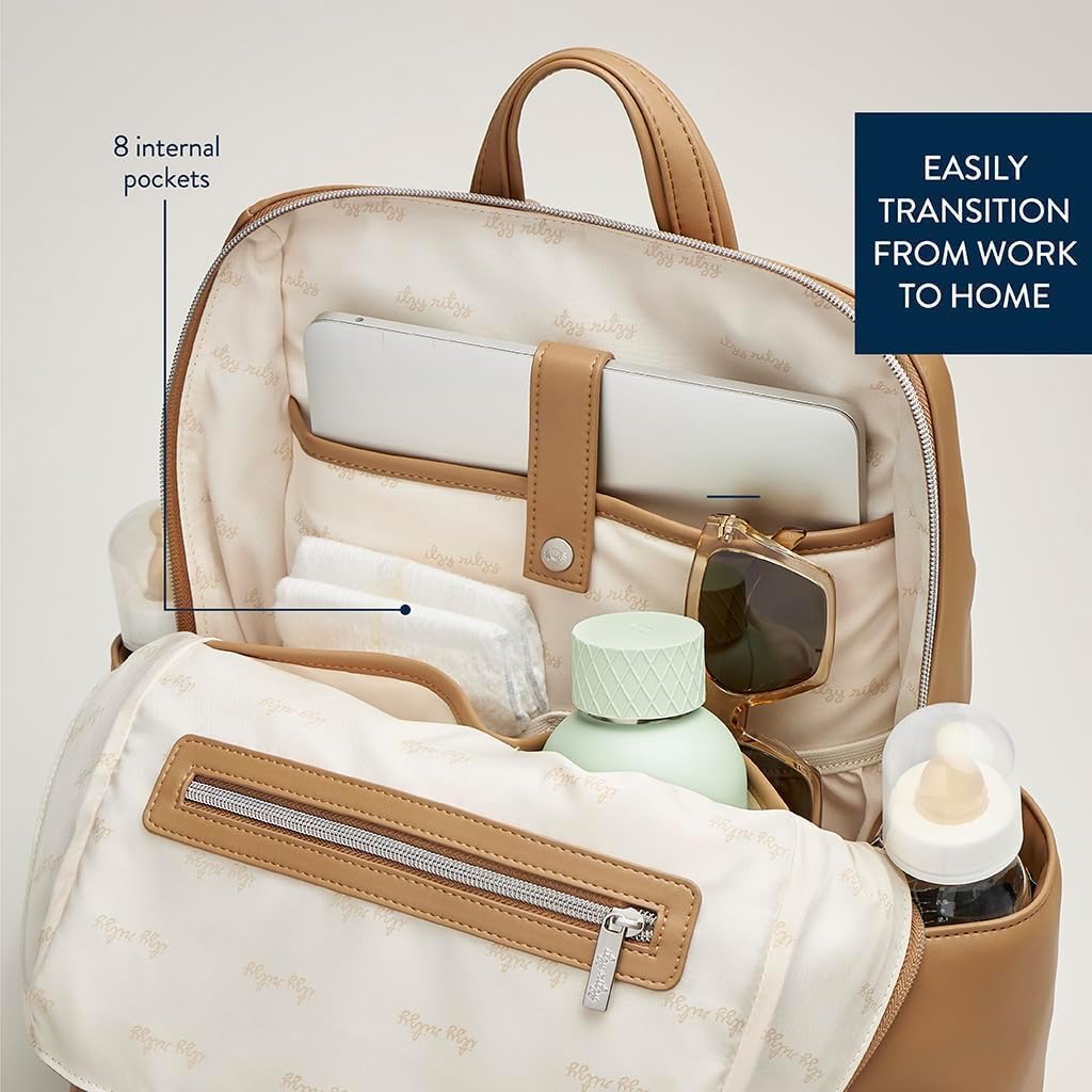 Itzy Ritzy Eras Diaper Bag Backpack – Large Capacity Backpack Diaper Bag Featuring Sleek Design, 15 Pockets, Changing Pad, Stroller Straps, and Luggage Sleeve (Chai)