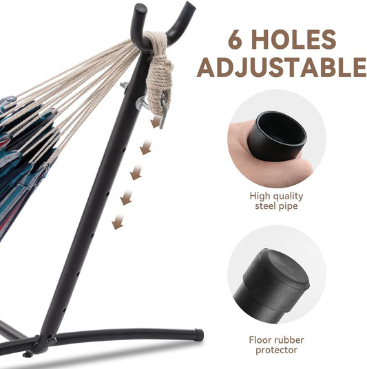 PNAEUT Double Hammocks with Stand for Outside, Portable Space Saving Heavy-Duty Steel Stand for Indoor Outdoor Patio with Carrying Bag, 450 lbs Capacity (Denim)