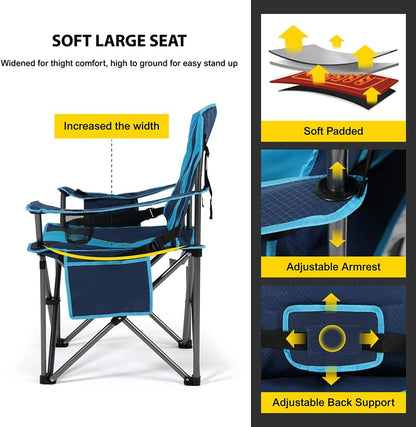 FAIR WIND Oversized Fully Padded Camping Chair with Lumbar Support, Heavy Duty Cooler Bag Fold Chair Support 450 LBS, Green