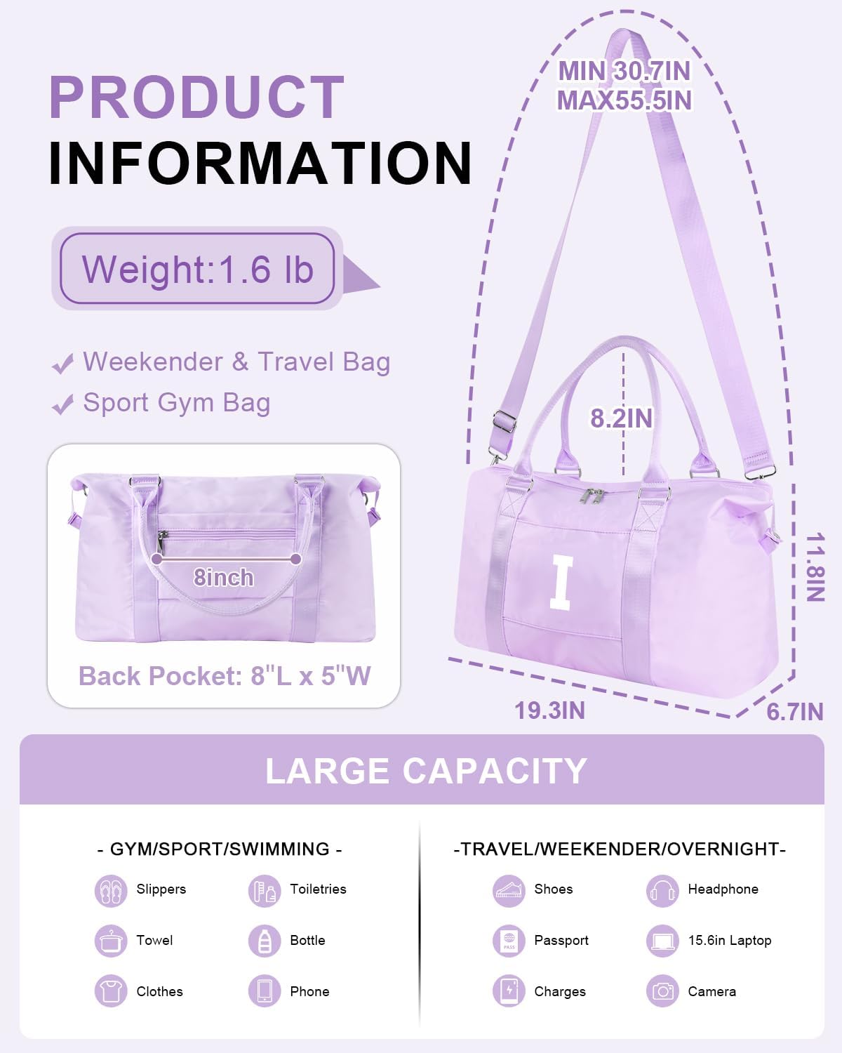 Daughter Niece Gifts for Teen Girl Kids, Initial Travel Duffel Bag Sports Gym Bag Personalized Gifts Weekender Bag，Monogram Overnight Bag Cute Dance Bag Birthday Bridesmaid Gifts for Women(Purple, I)
