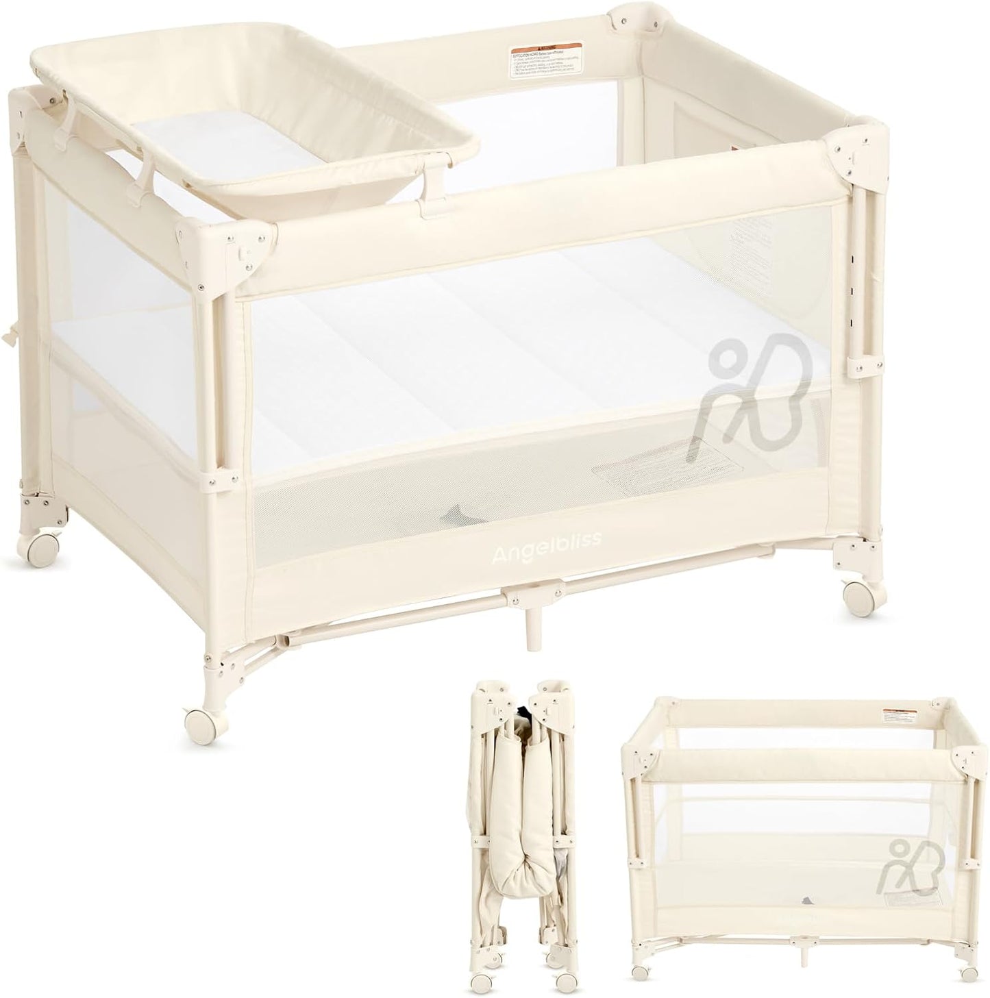 ANGELBLISS Baby Bassinet Bedside Crib, Pack and Play with Mattress, Diaper Changer, One-Push Setup Playards from Infants to Toddlers (Beige)