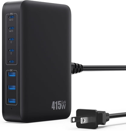 USB C Charger 415W USB C Charger Block, 8-Ports GaN IV Fast Charging Station Hub, Dual PD 100W Laptop Charger Adapter,for MacBook Pro/Air/iPad/iPhone16/15/14/Apple Watch/DELL/Samsung for Home Office