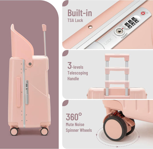 20 Inch Carry On TSA Lock Luggage for Kids& Adult,Lockable Spinner Wheels Free Luggage Cover and Safety Seatbelt Travel Suitcase (Carry-On TSA Luggage with Child Seat Pink)