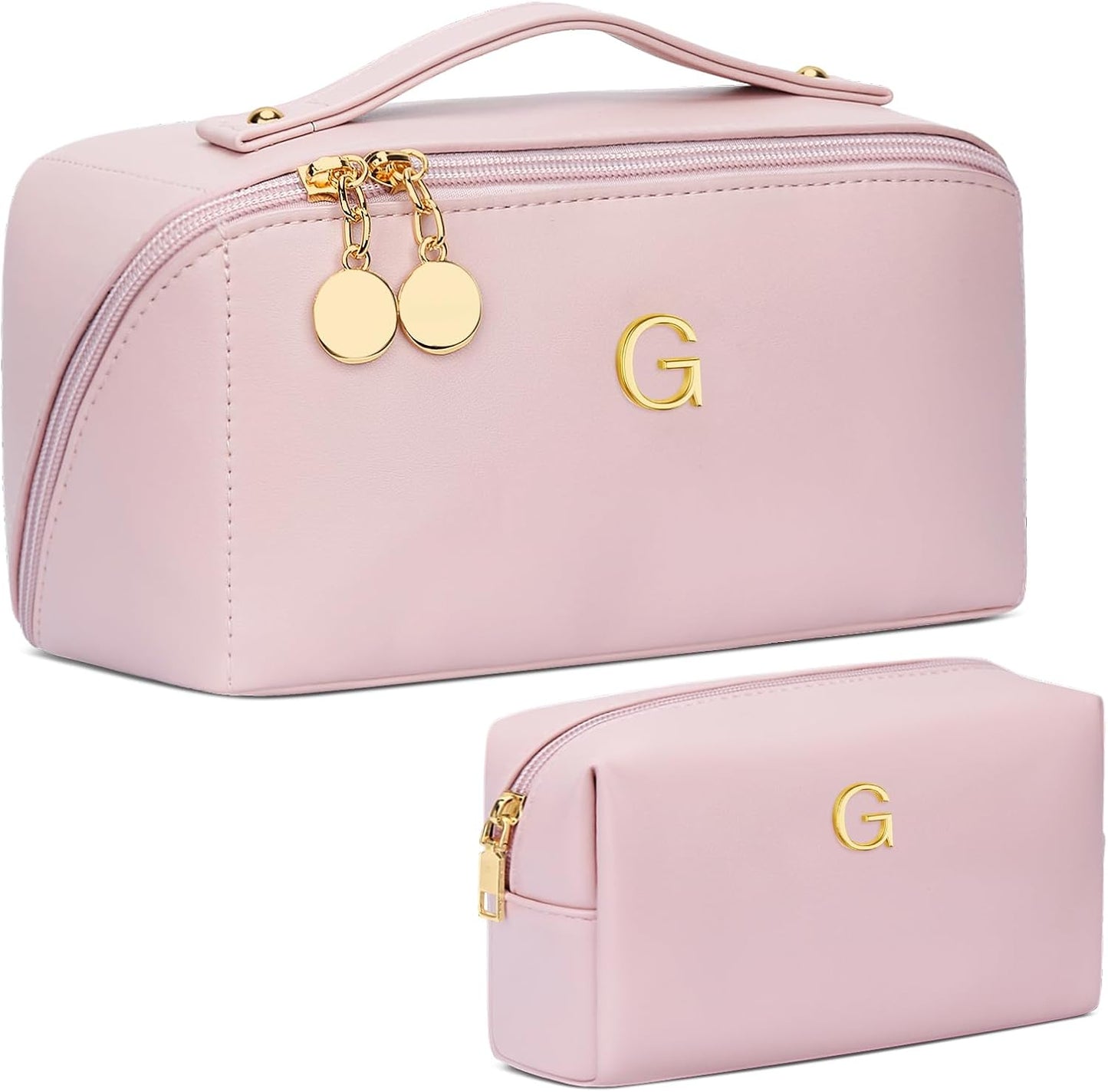 Birthday Gifts for Women Teen Girl, Personalized Initial Makeup Organizer Bag Set, Open Flat Travel Cosmetic Bag With Clear Divider and Handle(Pink,G)