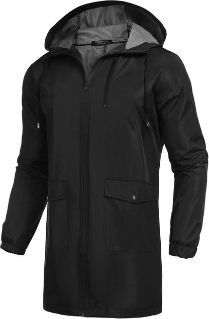 COOFANDY Men's Long Raincoat Ligtweight Rain Jacket Waterproof Outdoor Jackets with Hood