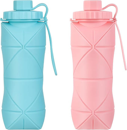 YCT Collapsible Silicone Travel Water Bottle 20oz (600ml), Reuseable Leakproof BPA Free Foldable Sports Bottle, with Carrying Strap, Blue + Pink