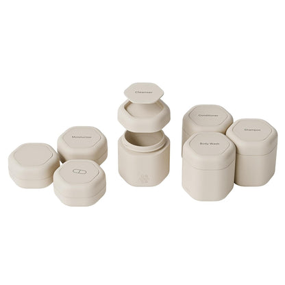 Cadence Travel Containers - Daily Routine Capsule Set - Magnetic Containers with Lids,4 Flex Mediums (1.32oz) & 3 Flex Smalls (0.56oz) - Shampoo, Conditioner, Body Wash, Pills, & More - Sand