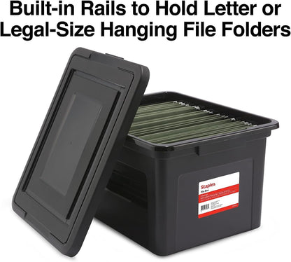 STAPLES Hanging File Folder Box, Storage Bin Organizer, Snap Lid, Letter & Legal Size Documents, Black