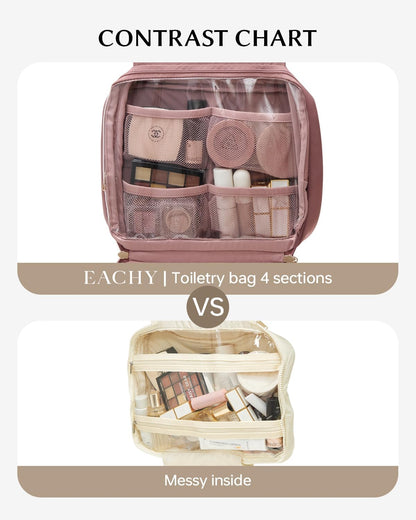 EACHY Hanging Toiletry Bag, Satin 4 Compartments Travel Toiletry Bags for Women, Large Capacity Make Up Organizer Bag with Handle & Compartments (Rose-Pink, L)