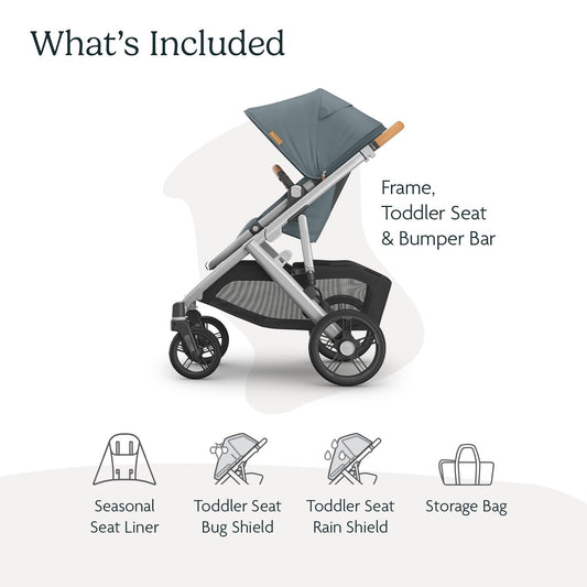 UPPAbaby Vista V3 Stroller - Full-Size Single-to-Double Stroller System - Toddler Seat, Bug Shield, Rain Shield, and Storage Bag Included - Callum (Stone Blue/Silver Frame/Sand Leather)