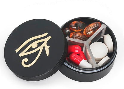 Small Pill Case 3 Compartments, Metal Round Portable Pill Box, Waterproof Travel Pill Organizer, Pocket Purse Medicine Vitamin Holder EDC Container (Black with Eye)